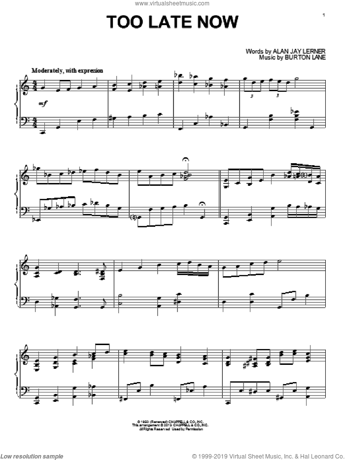 Too Late Now sheet music for piano solo by Burton Lane, intermediate skill level