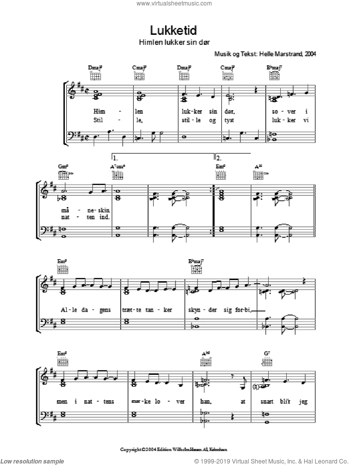 Lukketid sheet music for voice, piano or guitar by Helle Marstrand, intermediate skill level