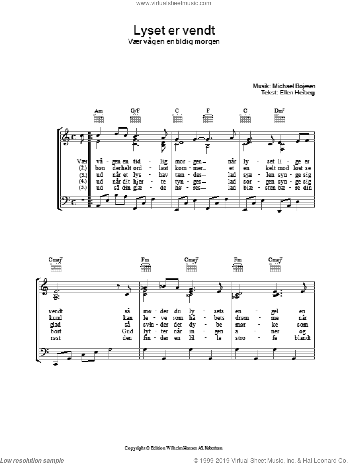 Lyset Er Vendt sheet music for voice, piano or guitar by Michael Bojesen and Ellen Heiberg, intermediate skill level