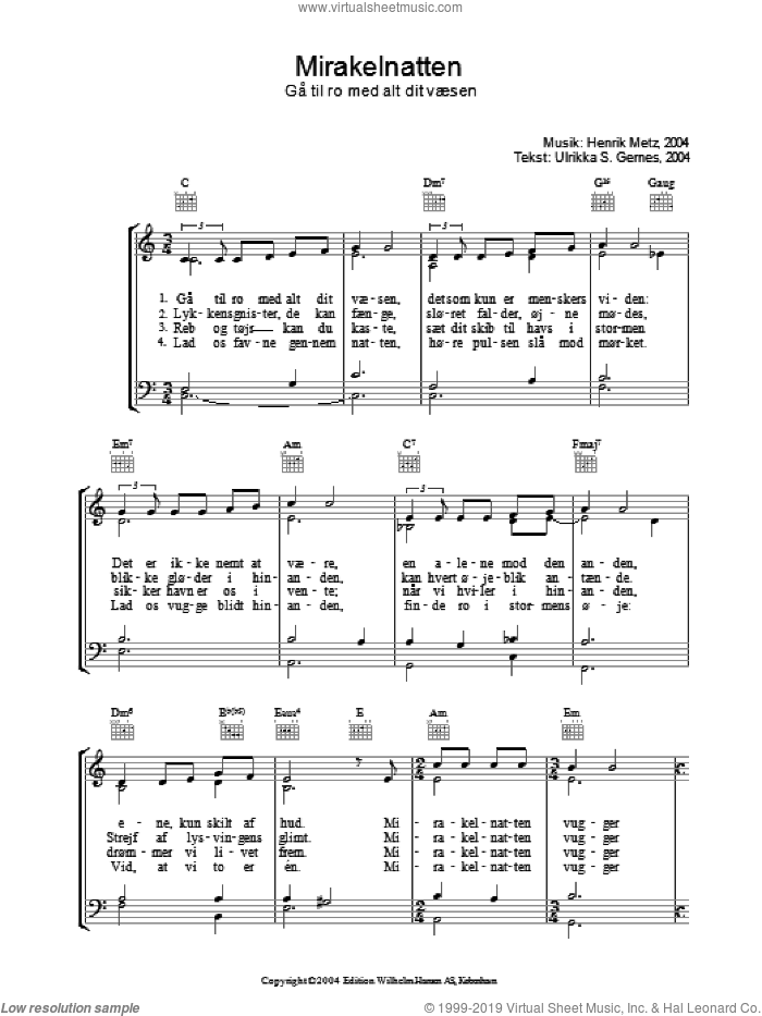 Mirakelnatten sheet music for voice, piano or guitar by Henrik Metz and Ulrikka S. Gernes, intermediate skill level