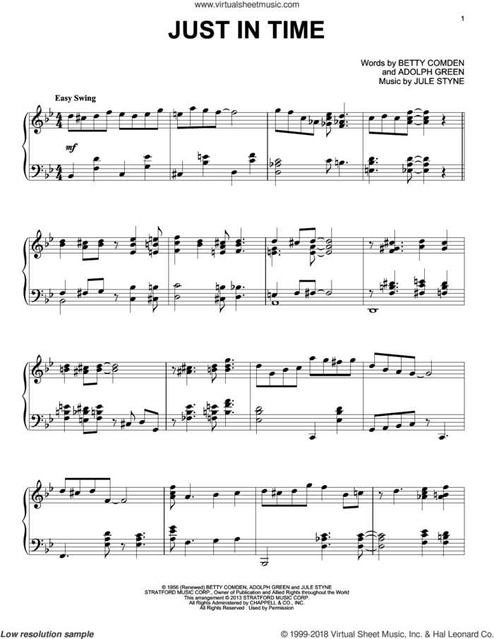 Just In Time, (intermediate) sheet music for piano solo by Jule Styne and Alan Jay Lerner, intermediate skill level