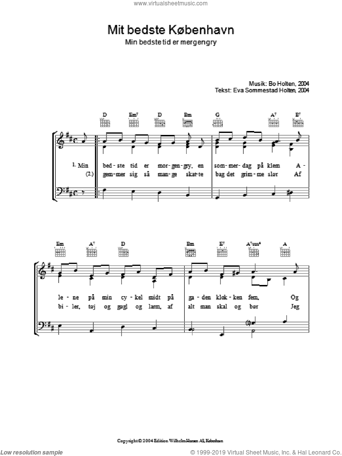 Mit Bedste Kobenhavn sheet music for voice, piano or guitar by Bo Holten and Eva Sommestad Holten, intermediate skill level