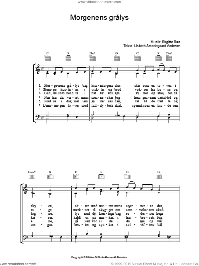 Morgenens Gralys sheet music for voice, piano or guitar by Birgitte Buur and Lisbeth Smedegaard Andersen, intermediate skill level