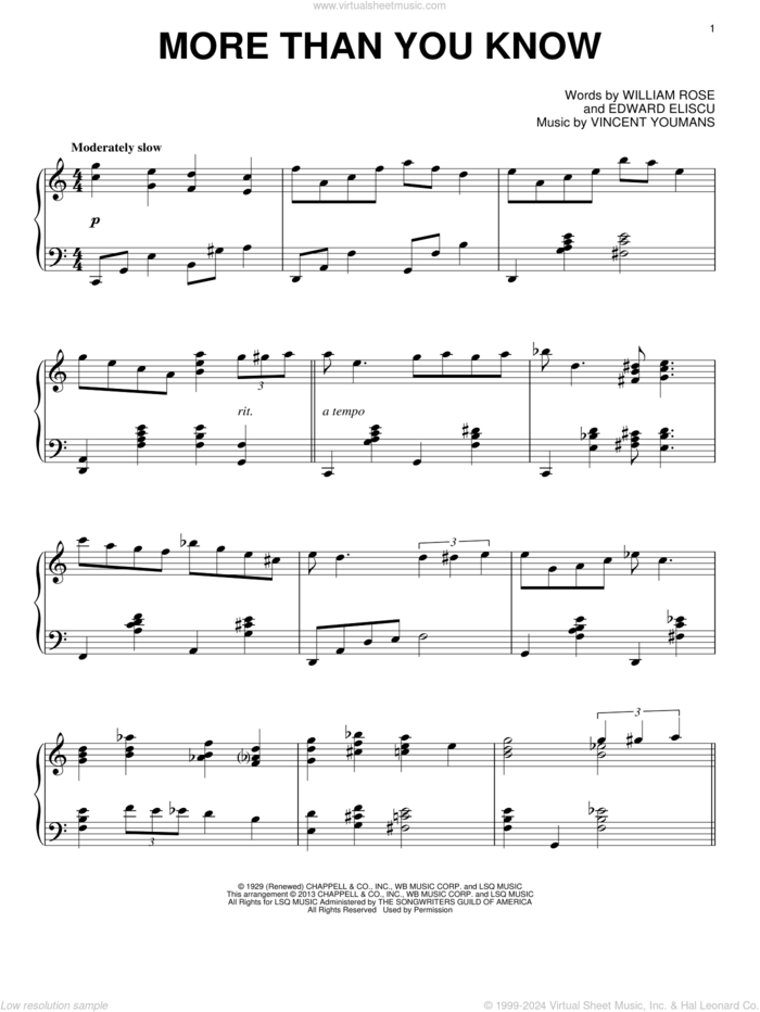 More Than You Know, (intermediate) sheet music for piano solo by Vincent Youmans, Alan Jay Lerner, Edward Eliscu and William Rose, intermediate skill level