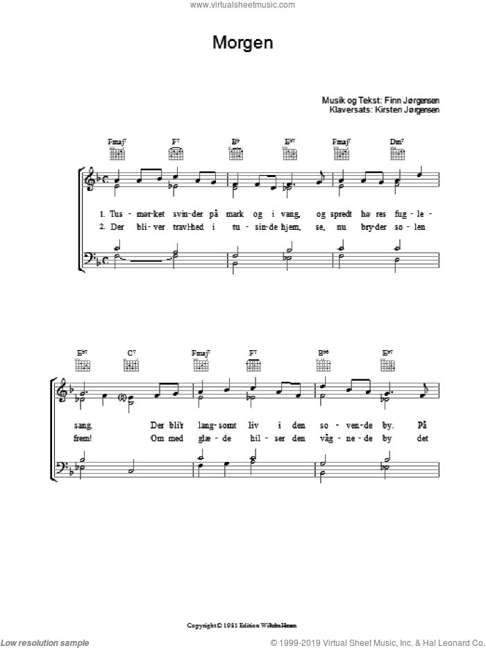 Morgen sheet music for voice, piano or guitar by Finn Jorgensen, intermediate skill level