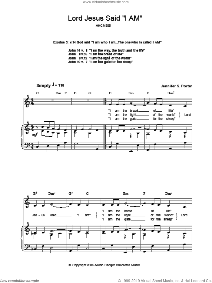 Lord Jesus Said 'I Am' sheet music for voice, piano or guitar by Jennifer S. Porter, intermediate skill level