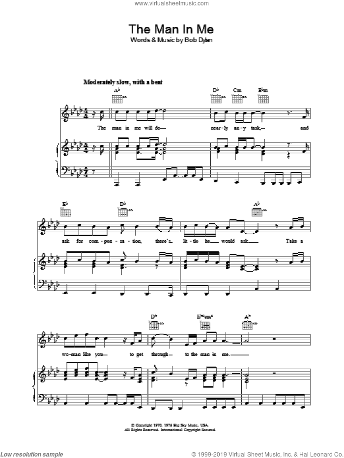 The Man In Me sheet music for voice, piano or guitar by Bob Dylan, intermediate skill level