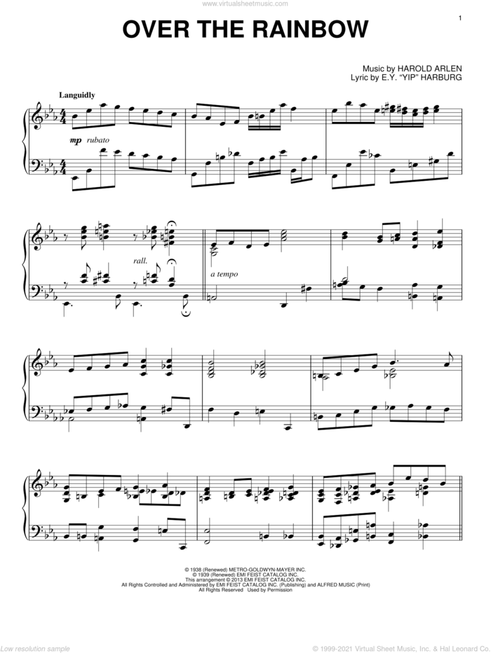 Over The Rainbow sheet music for piano solo by Harold Arlen, Alan Jay Lerner and E.Y. Harburg, intermediate skill level