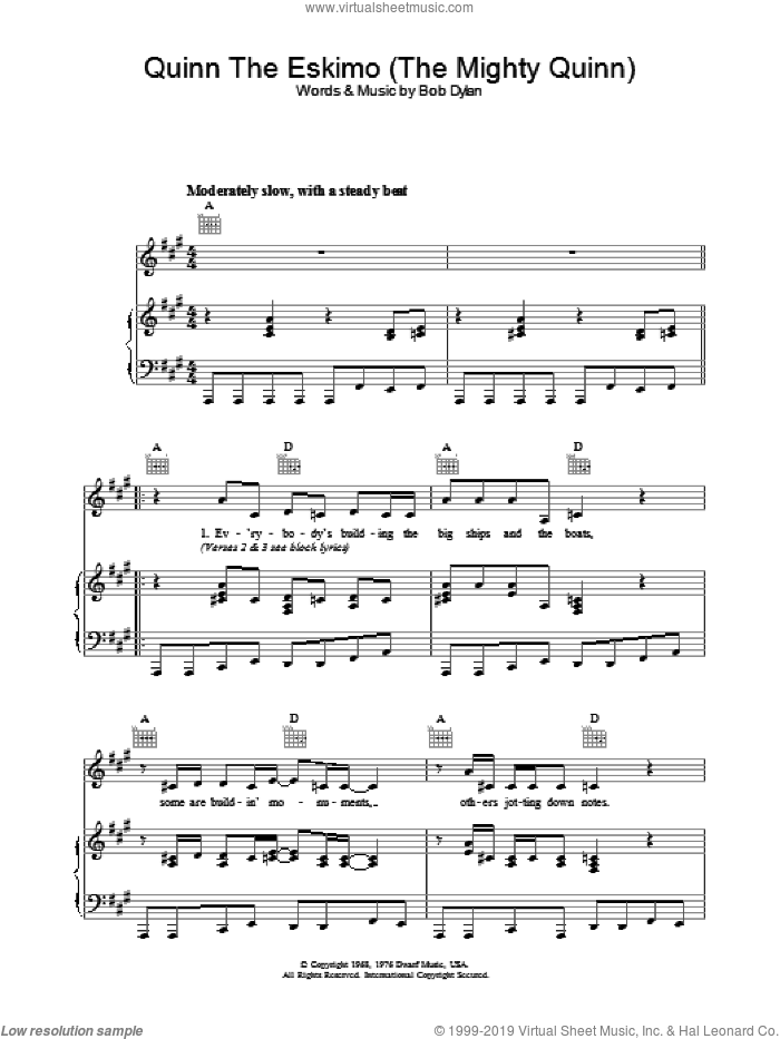 Quinn The Eskimo (The Mighty Quinn) sheet music for voice, piano or guitar by Bob Dylan, intermediate skill level