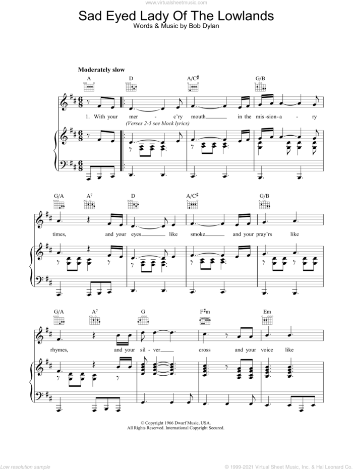 Sad Eyed Lady Of The Lowlands sheet music for voice, piano or guitar by Bob Dylan, intermediate skill level