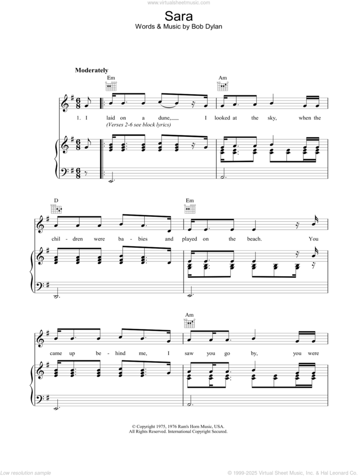 Sara sheet music for voice, piano or guitar by Bob Dylan, intermediate skill level