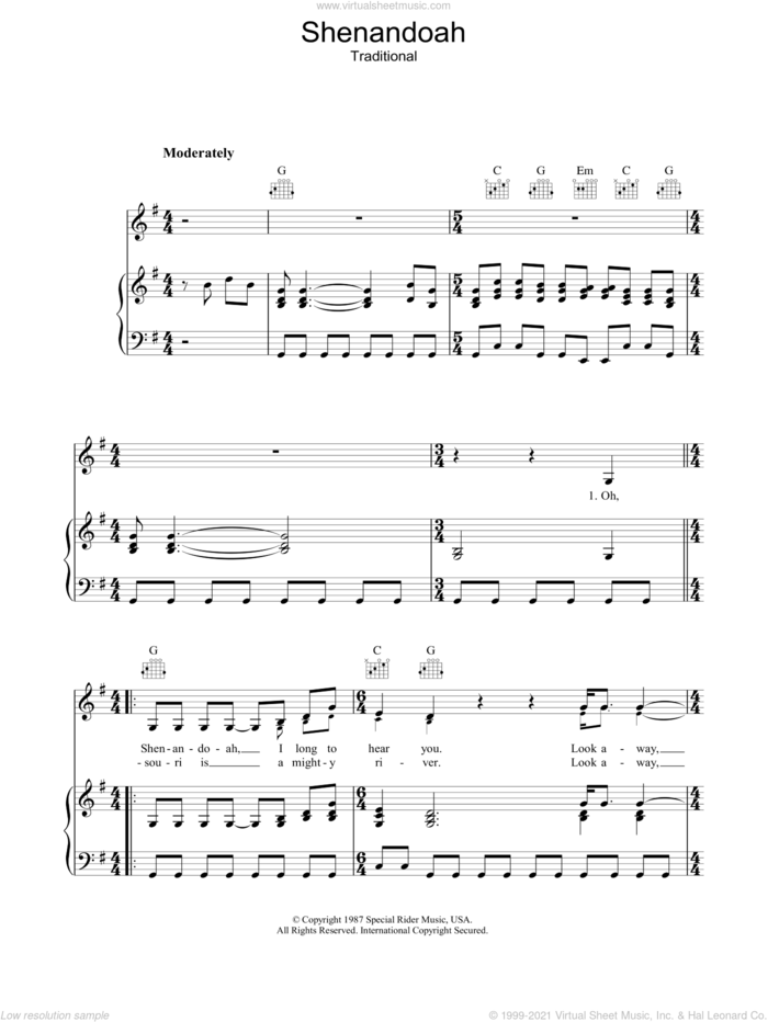 Shenandoah sheet music for voice, piano or guitar by Bob Dylan, Dave Swarbrick and Miscellaneous, intermediate skill level