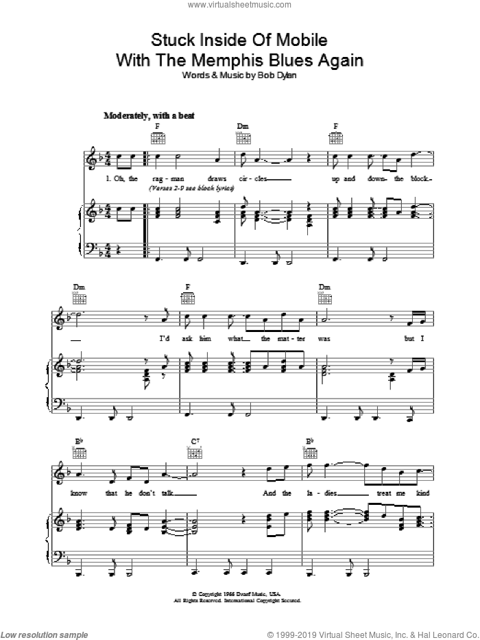 Stuck Inside Of Mobile With The Memphis Blues Again sheet music for voice, piano or guitar by Bob Dylan, intermediate skill level