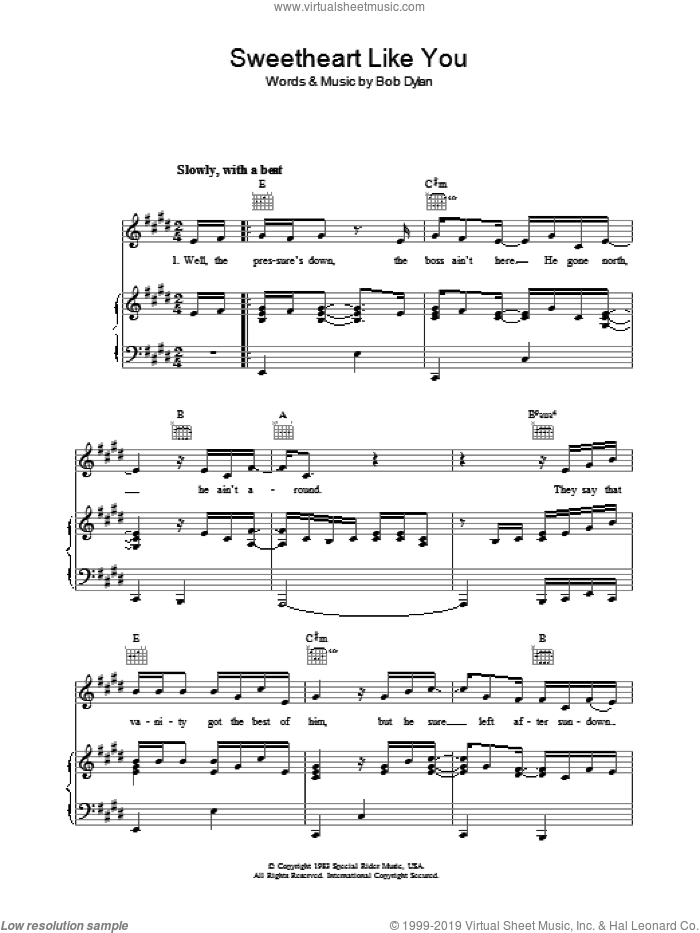 Sweetheart Like You sheet music for voice, piano or guitar by Bob Dylan, intermediate skill level