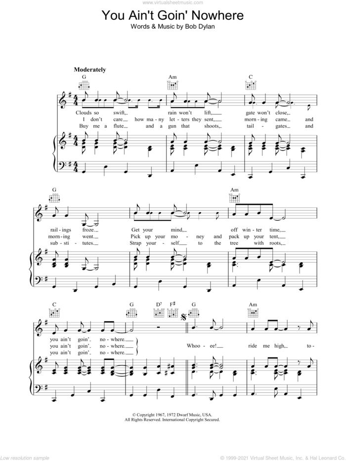 You Ain't Goin' Nowhere sheet music for voice, piano or guitar by Bob Dylan, intermediate skill level