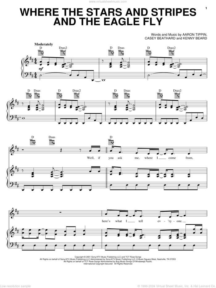 Where The Stars And Stripes And The Eagle Fly sheet music for voice, piano or guitar by Aaron Tippin, Casey Beathard and Kenny Beard, intermediate skill level