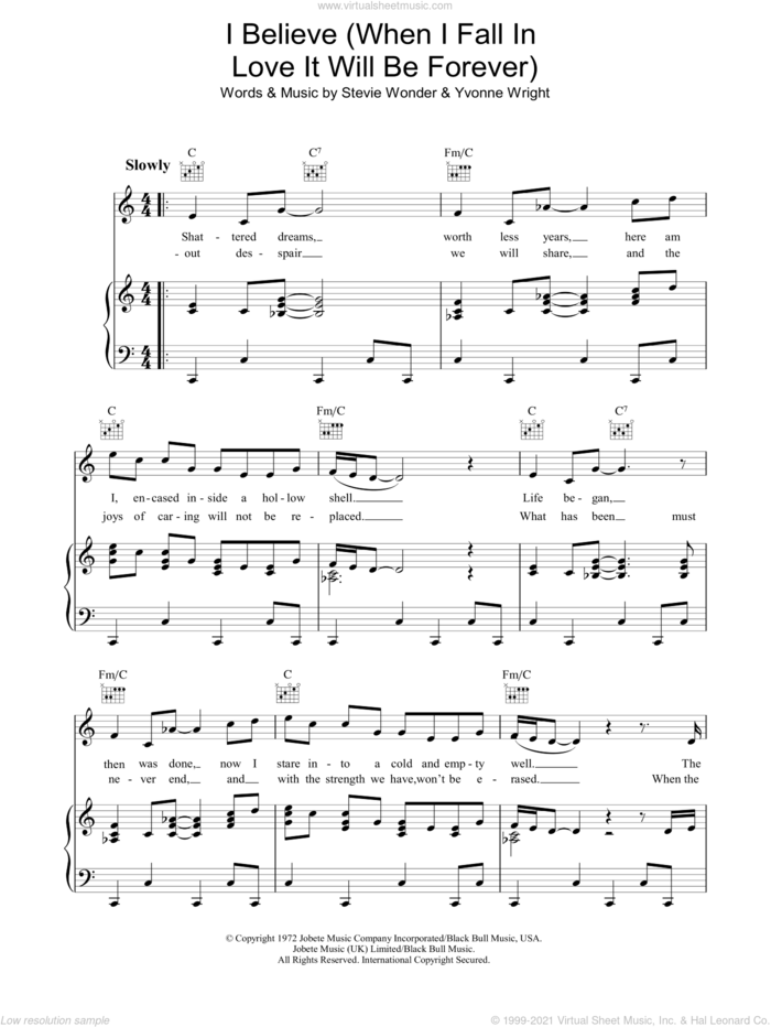 I Believe (When I Fall In Love It Will Be Forever) sheet music for voice, piano or guitar by Stevie Wonder and Yvonne Wright, intermediate skill level