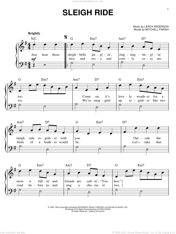 Sleigh Ride sheet music for piano solo by Mitchell Parish, Leroy Anderson and Barney, easy skill level