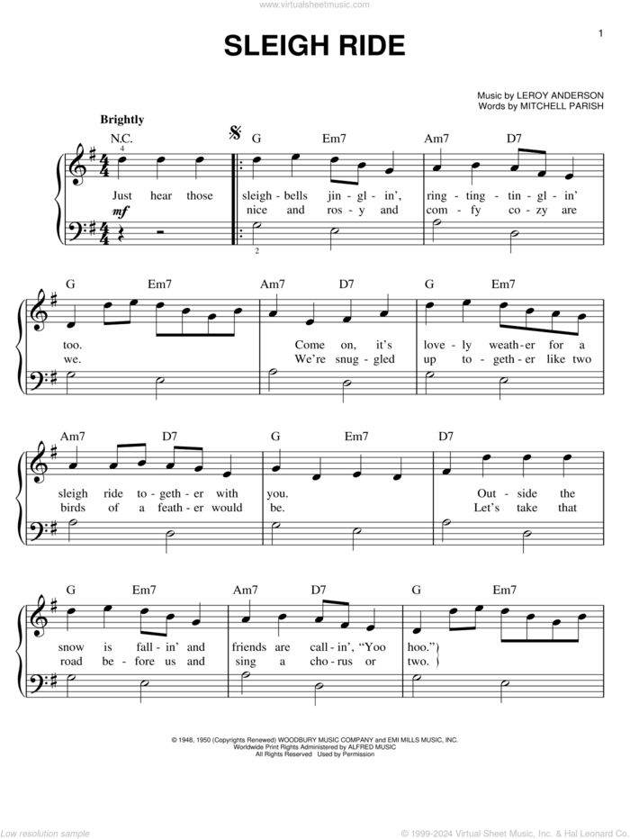 Sleigh Ride sheet music for piano solo by Mitchell Parish, Leroy Anderson and Barney, easy skill level