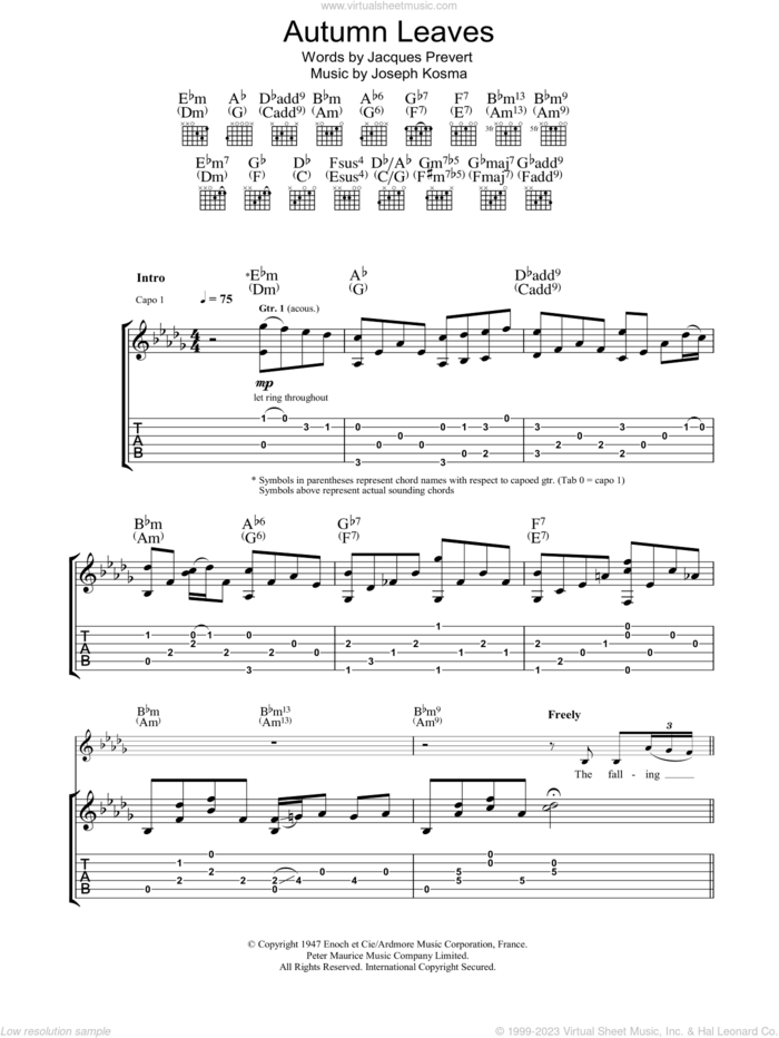Autumn Leaves (Les Feuilles Mortes) sheet music for guitar (tablature) by Eva Cassidy, Jacques Prevert and Joseph Kosma, intermediate skill level