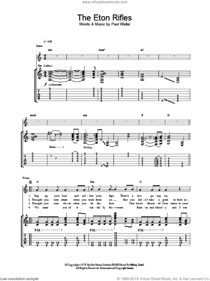 The Eton Rifles sheet music for guitar (tablature) by The Jam and Paul Weller, intermediate skill level