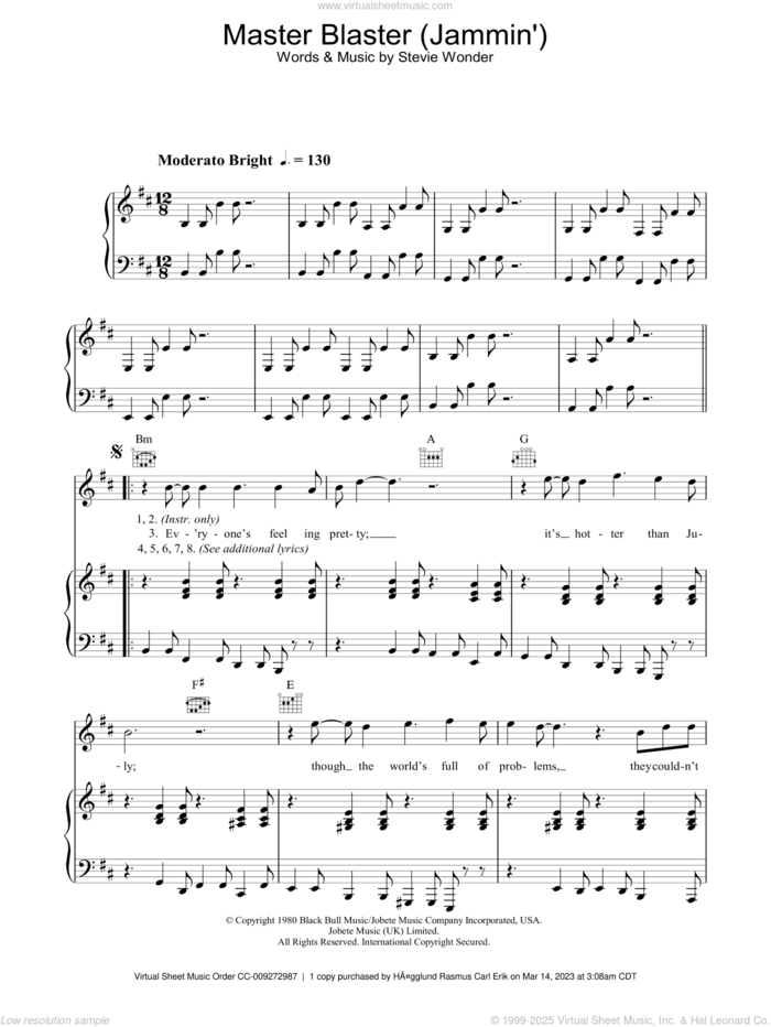 Master Blaster (Jammin') sheet music for voice, piano or guitar by Stevie Wonder, intermediate skill level