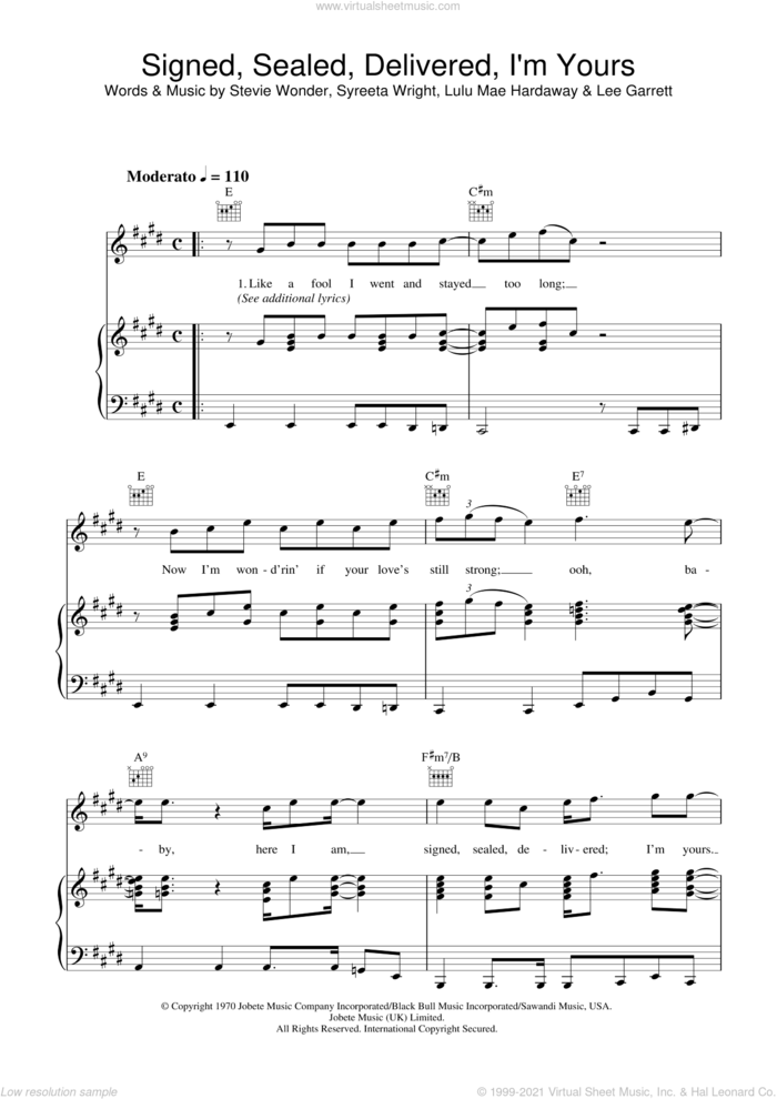 Signed, Sealed, Delivered I'm Yours sheet music for voice, piano or guitar by Stevie Wonder, Lee Garrett, Lula Mae Hardaway, Lulu Mae Hardaway and Syreeta Wright, intermediate skill level