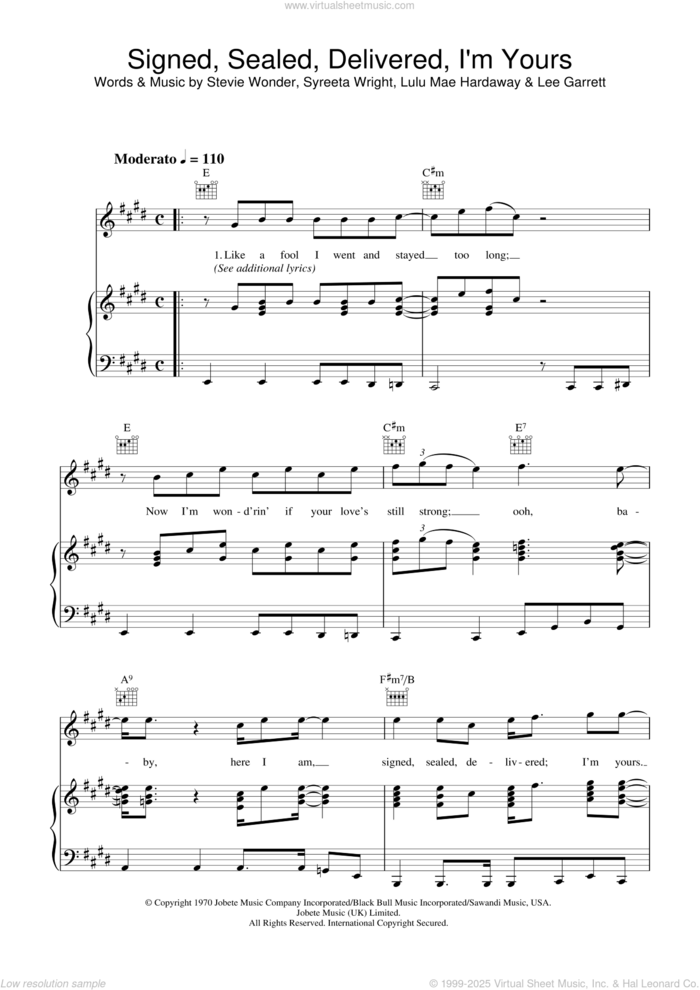 Signed, Sealed, Delivered I'm Yours sheet music for voice, piano or guitar by Stevie Wonder, Lee Garrett, Lula Mae Hardaway, Lulu Mae Hardaway and Syreeta Wright, intermediate skill level