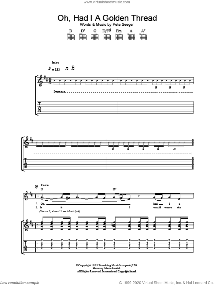 Oh, Had I A Golden Thread sheet music for guitar (tablature) by Eva Cassidy and Pete Seeger, intermediate skill level