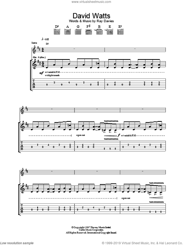 David Watts sheet music for guitar (tablature) by The Jam and Ray Davies, intermediate skill level