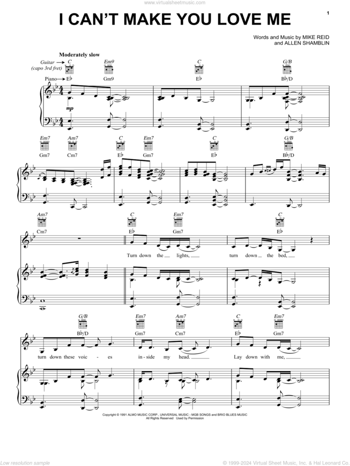 I Can't Make You Love Me sheet music for voice, piano or guitar by Bonnie Raitt, George Michael, Allen Shamblin and Mike Reid, intermediate skill level