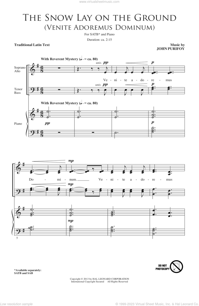 The Snow Lay On The Ground (Venite Adoremus Dominum) sheet music for choir (SATB: soprano, alto, tenor, bass) by John Purifoy and Miscellaneous, intermediate skill level