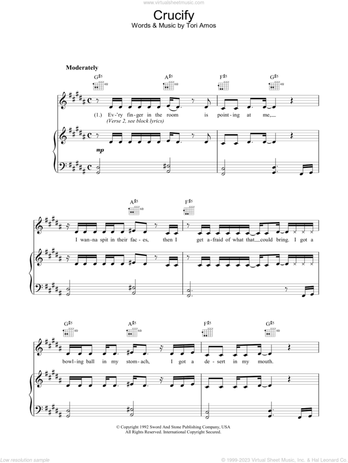Crucify sheet music for voice, piano or guitar by Tori Amos, intermediate skill level