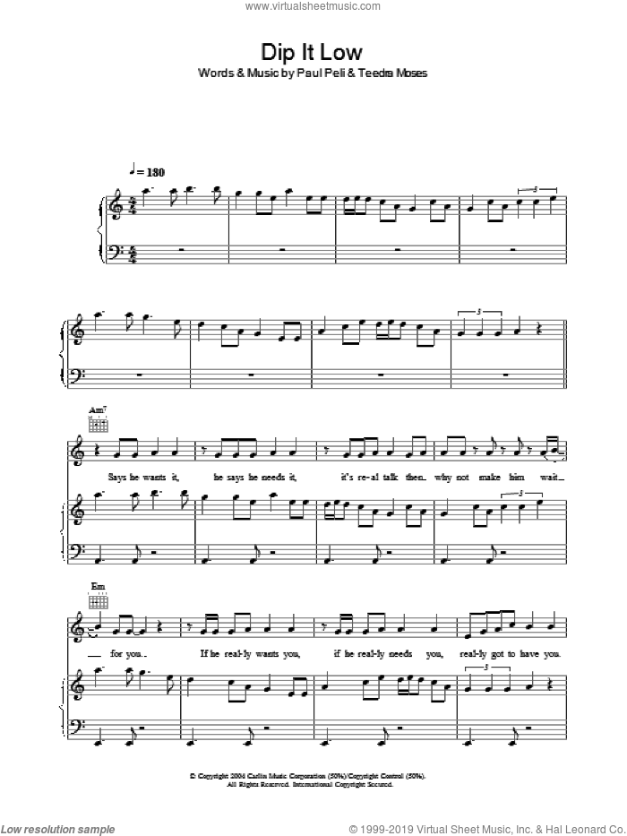 Dip It Low sheet music for voice, piano or guitar by Christina Milian, Paul Peli and Teedra Moses, intermediate skill level