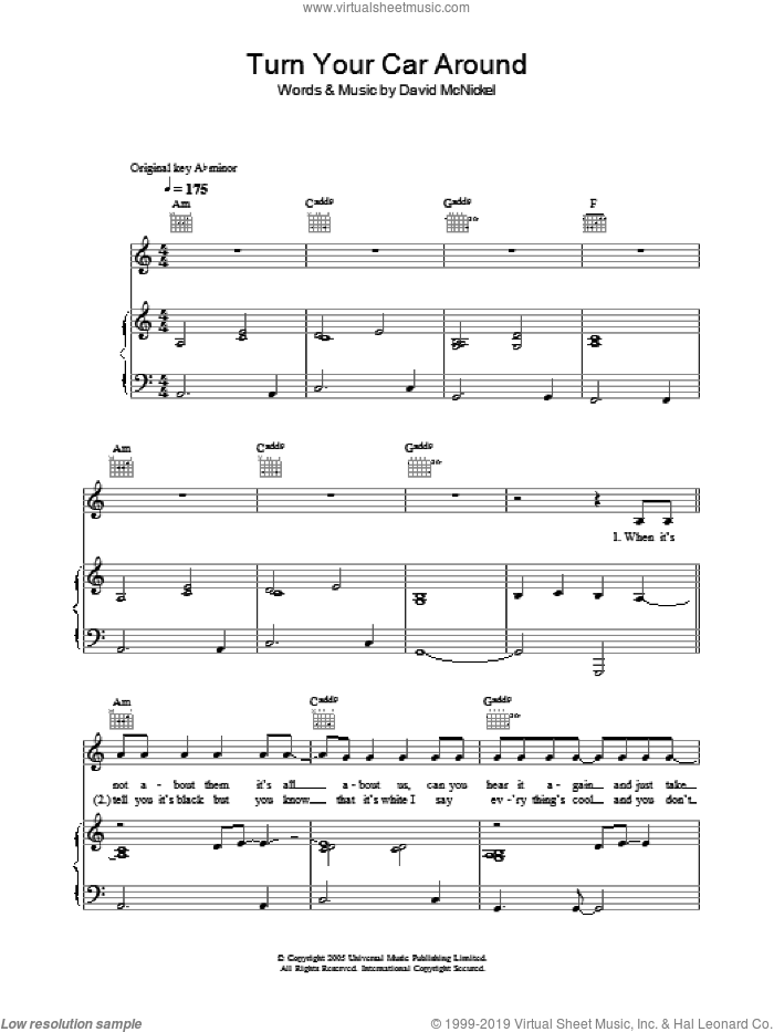 Turn Your Car Around sheet music for voice, piano or guitar by Lee Ryan and David McNickel, intermediate skill level