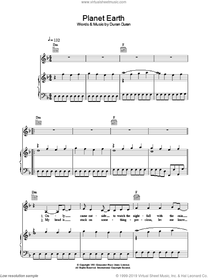 Planet Earth sheet music for voice, piano or guitar by Duran Duran, intermediate skill level