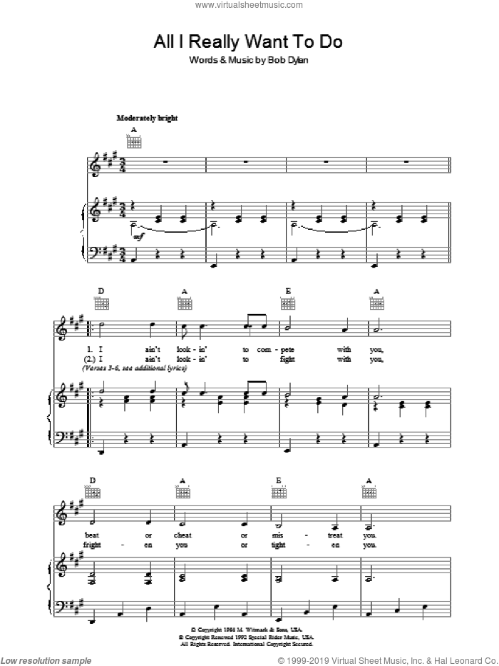 All I Really Want To Do sheet music for voice, piano or guitar by Bob Dylan, intermediate skill level