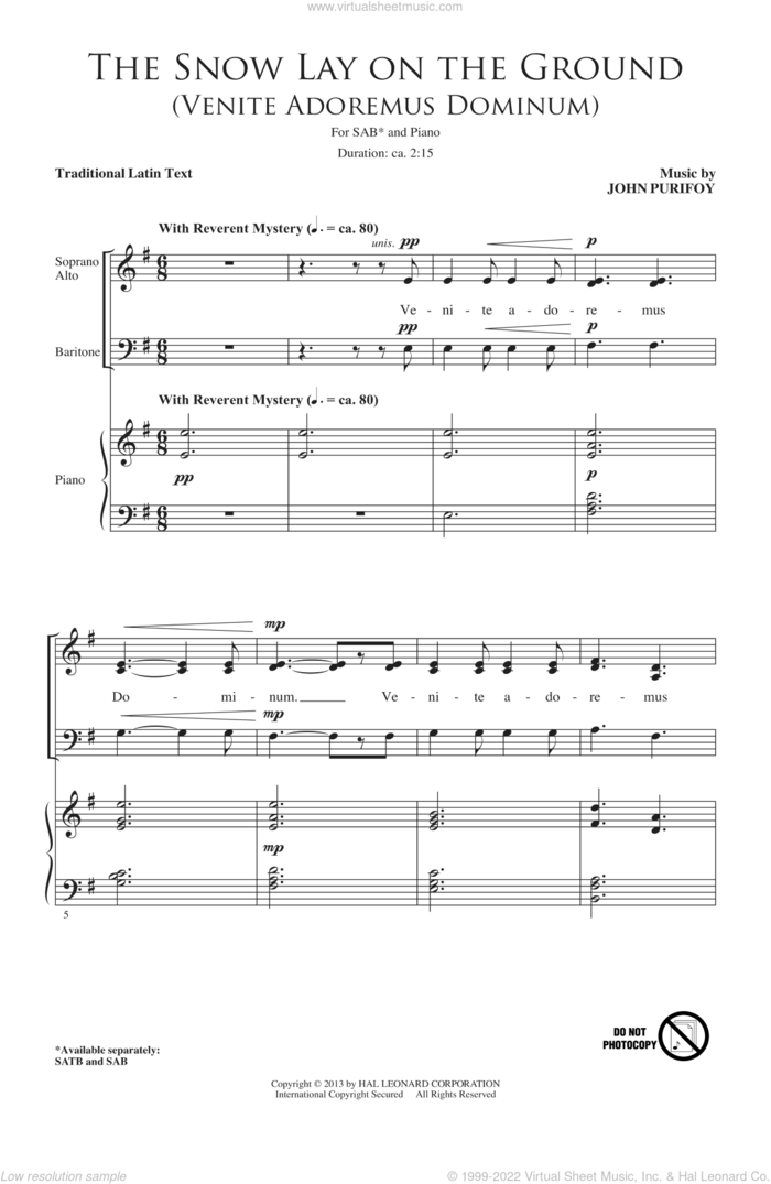 The Snow Lay On The Ground (Venite Adoremus Dominum) sheet music for choir (SAB: soprano, alto, bass) by John Purifoy, intermediate skill level