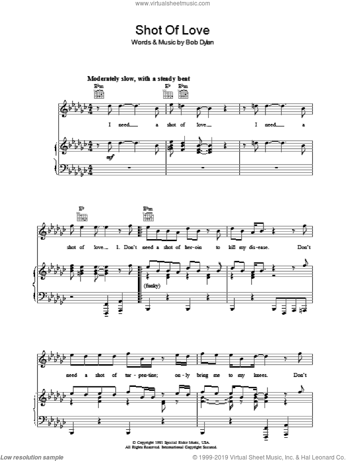 Shot Of Love sheet music for voice, piano or guitar by Bob Dylan, intermediate skill level