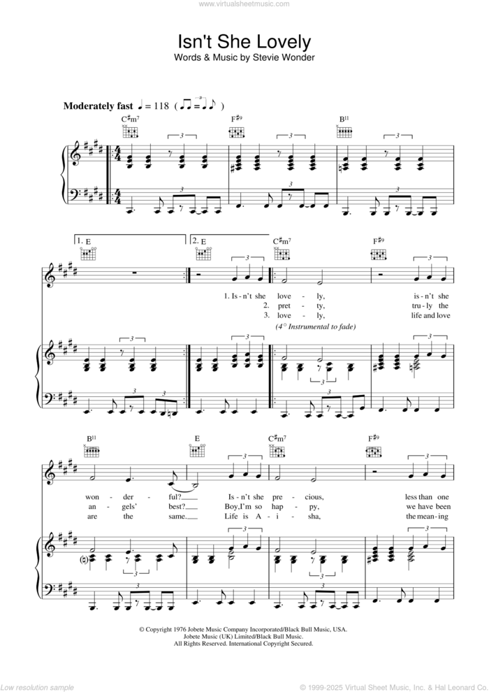 Isn't She Lovely sheet music for voice, piano or guitar by Stevie Wonder, intermediate skill level