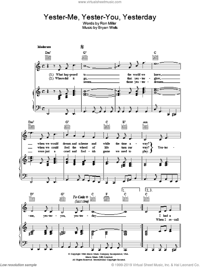 Yester-me, Yester-you, Yesterday sheet music for voice, piano or guitar by Stevie Wonder, Bryan Wells and Ron Miller, intermediate skill level