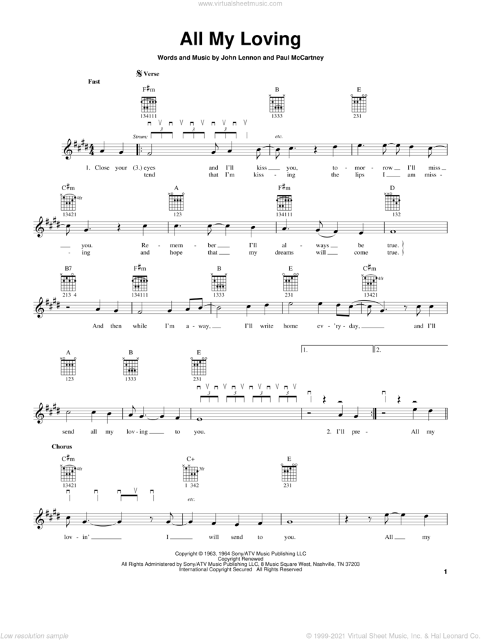 All My Loving sheet music for guitar solo (chords) by The Beatles, John Lennon and Paul McCartney, easy guitar (chords)