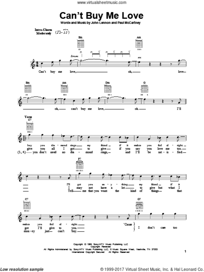 Can't Buy Me Love sheet music for guitar solo (chords) by The Beatles, John Lennon and Paul McCartney, easy guitar (chords)