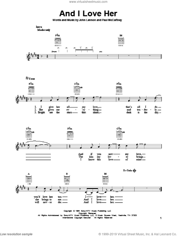 And I Love Her sheet music for guitar solo (chords) by The Beatles, John Lennon and Paul McCartney, easy guitar (chords)