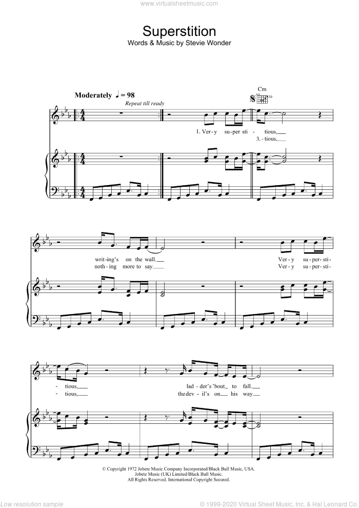 Superstition sheet music for voice, piano or guitar by Stevie Wonder, intermediate skill level