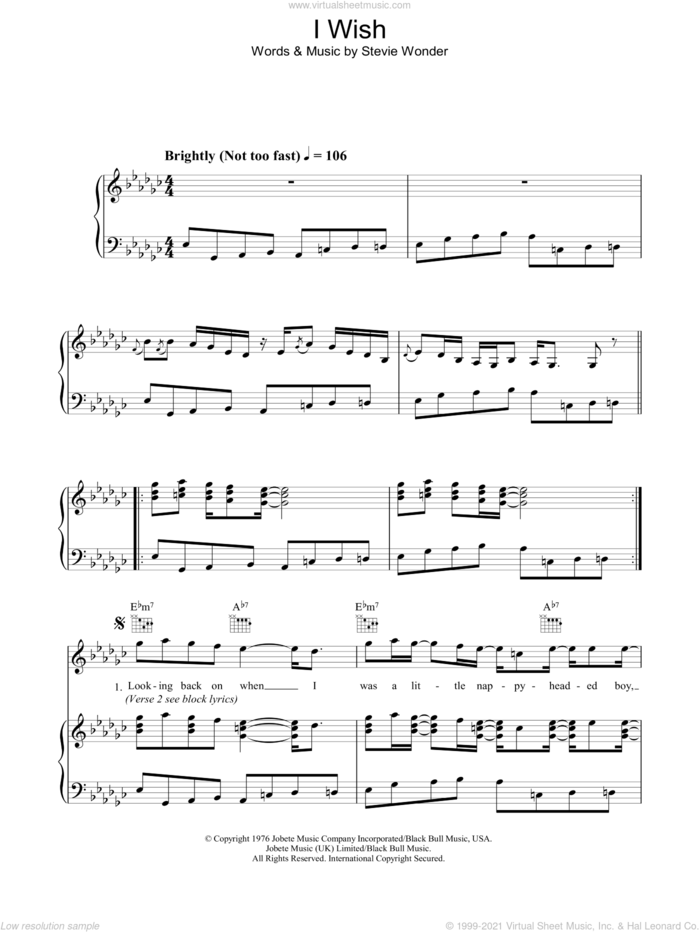 I Wish sheet music for voice, piano or guitar by Stevie Wonder, intermediate skill level