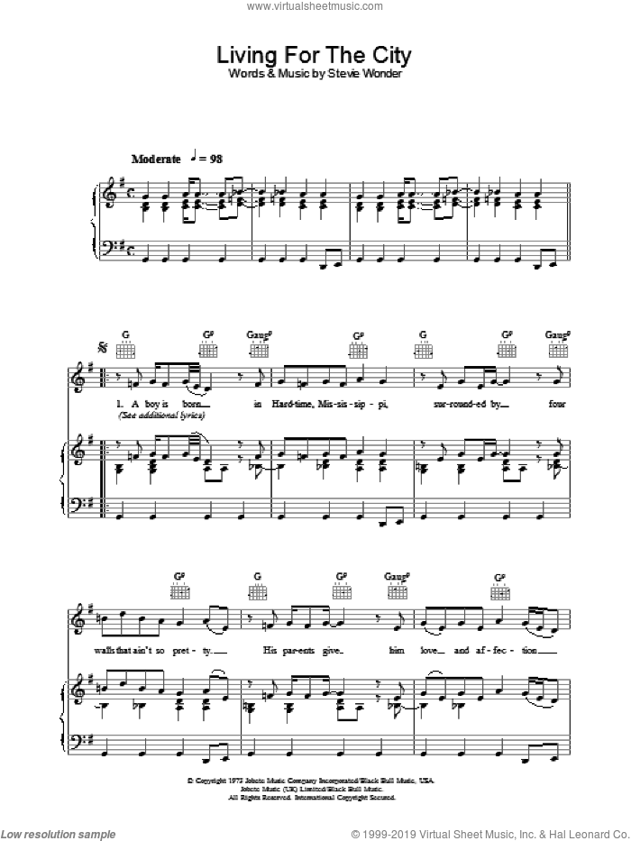 Living For The City sheet music for voice, piano or guitar by Stevie Wonder, intermediate skill level