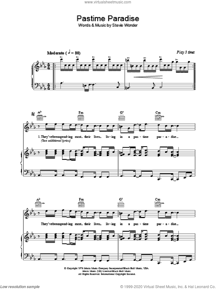 Pastime Paradise sheet music for voice, piano or guitar by Stevie Wonder, intermediate skill level