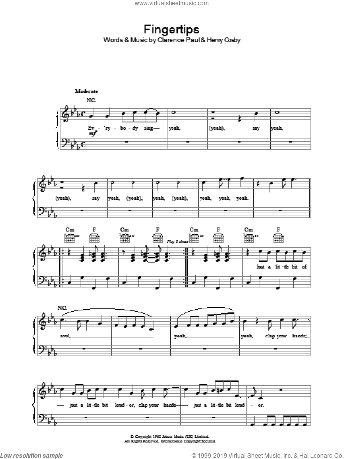 Fingertips sheet music for voice, piano or guitar by Stevie Wonder, Clarence Paul and Henry Cosby, intermediate skill level