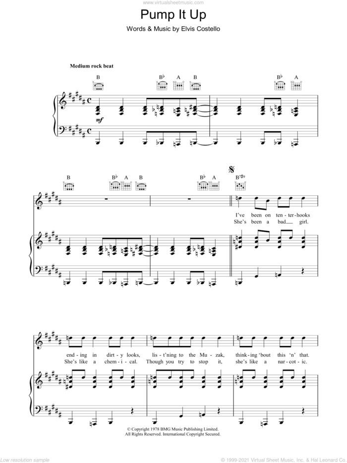Pump It Up sheet music for voice, piano or guitar by Elvis Costello, intermediate skill level